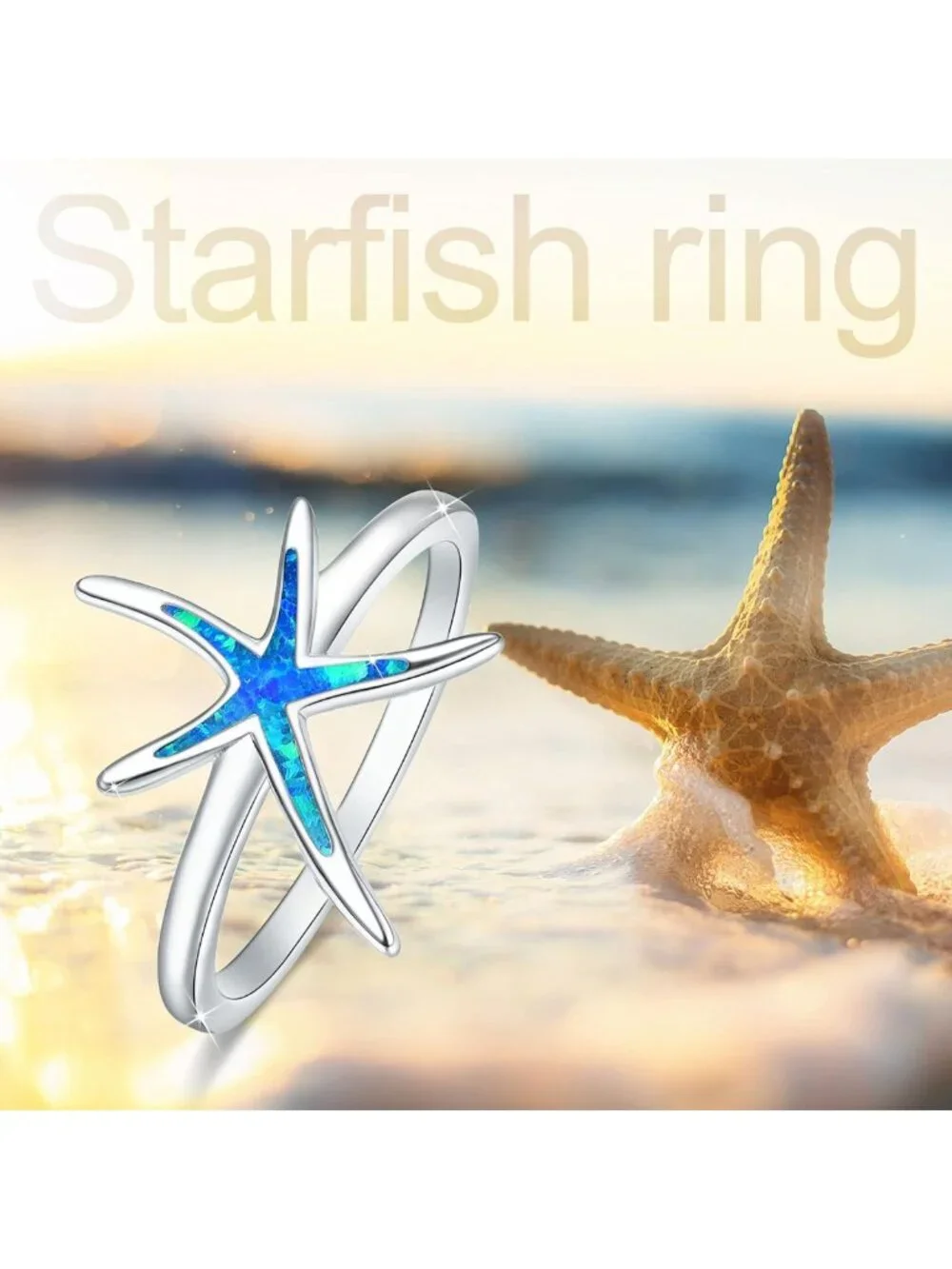 Elegant 925 Sterling Silver Starfish Ring with Blue Opal - Fashion Jewelry Gift